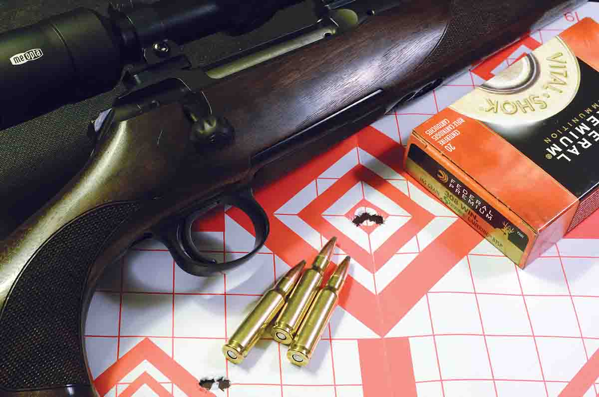 A three-shot group from an original Sauer 101 in .308 Winchester, when it was introduced in 2012.